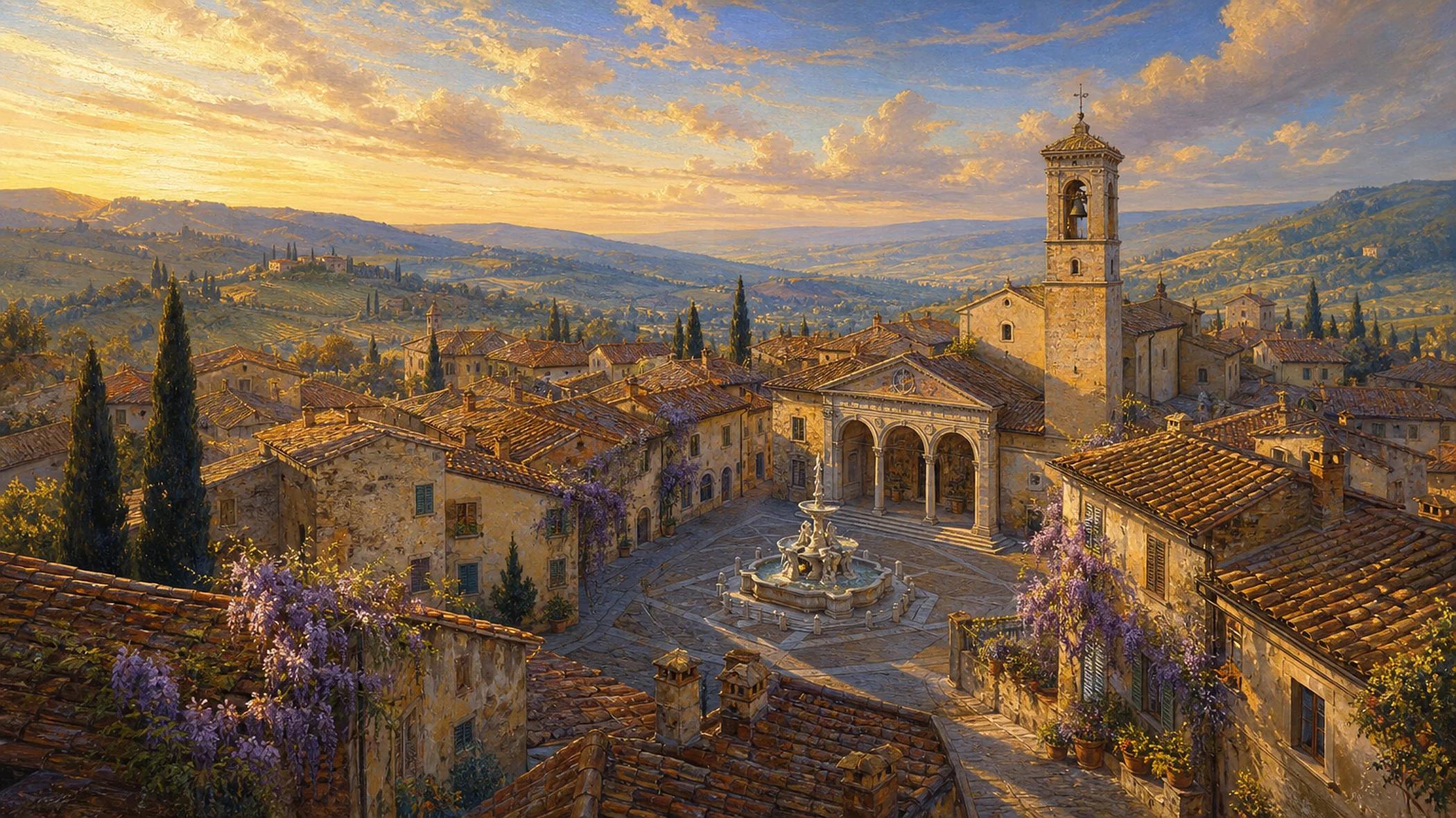 Vista aérea de Borgo Sereno ao amanhecer