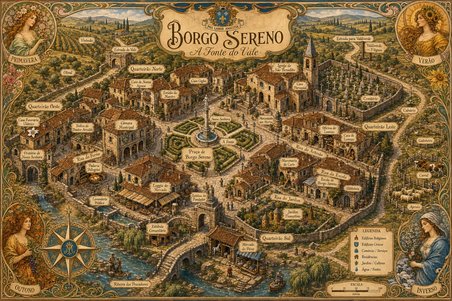 Mapa ilustrado de Borgo Sereno, com a praça, a igreja, as ruas, os quarteirões e a área rural